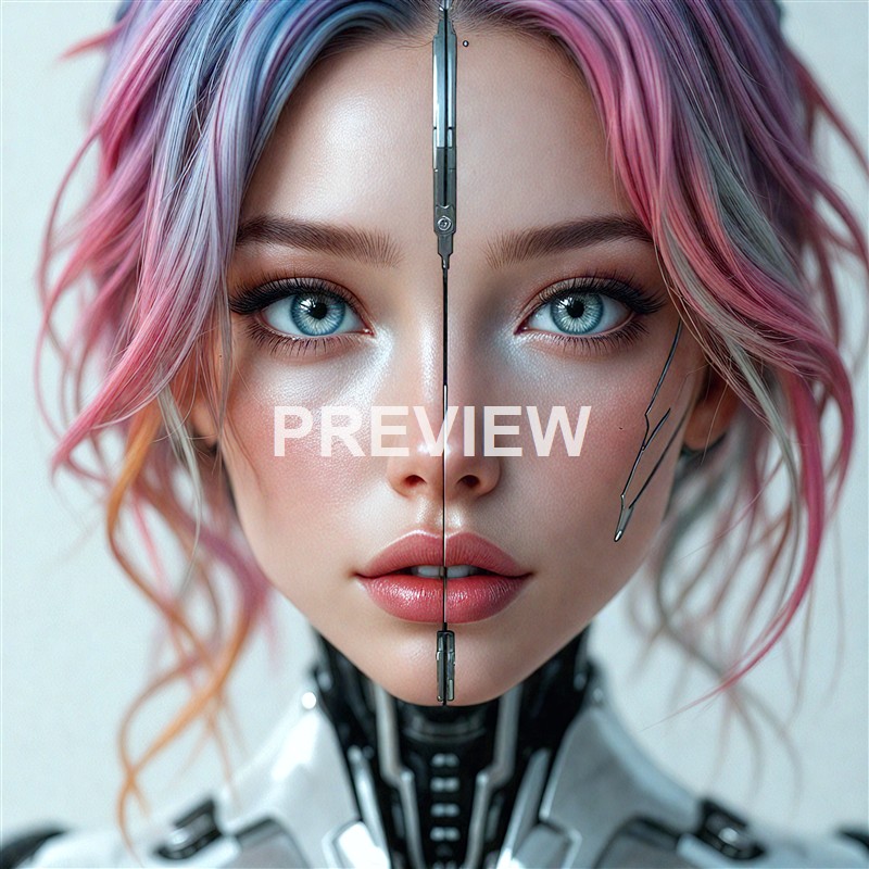 A highly detailed, close-up image of a young woman with vibrant pink and purple hair, blue eyes, and subtle makeup, with a metallic, sci-fi style facial implant running vertically down her face, blending human features with cybernetic elements.